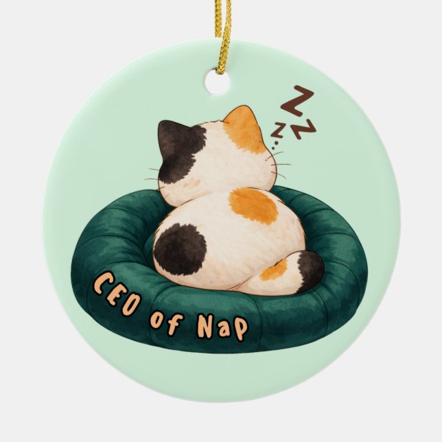 "CEO of Nap" Cat Sleeping on The Couch Ceramic Ornament (Front)