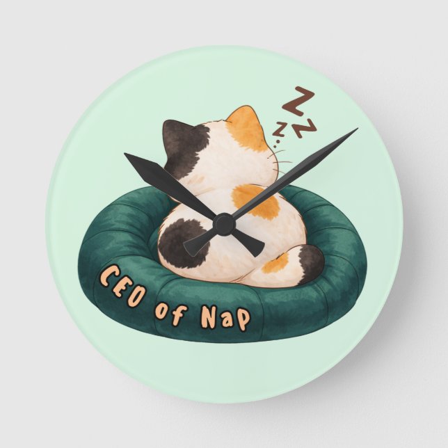 "CEO of Nap" Cat Sleeping on The Couch Round Clock (Front)