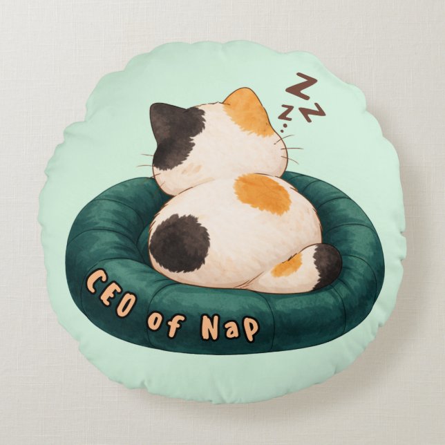 "CEO of Nap" Cat Sleeping on The Couch Round Pillow (Front)