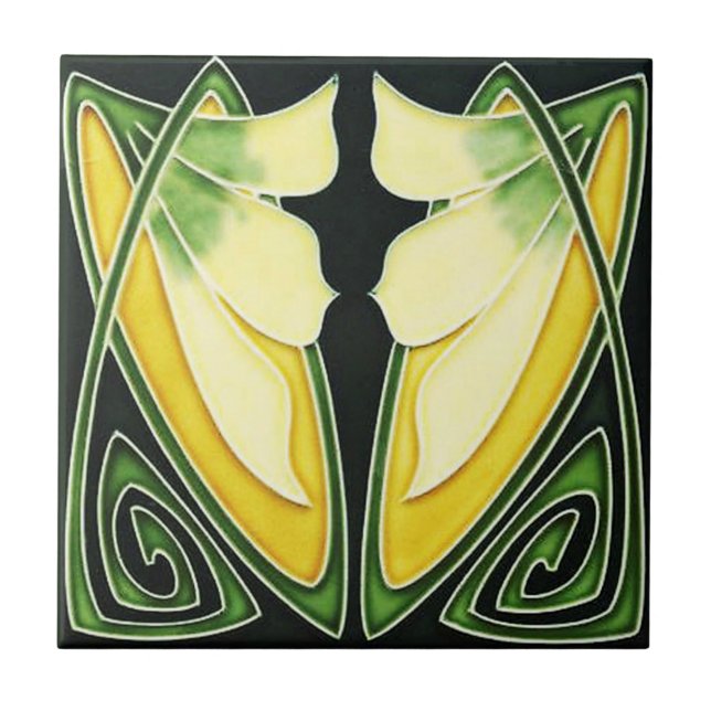 Ceramic Art Nouveau Style Green and Yellow Ceramic Tile (Front)