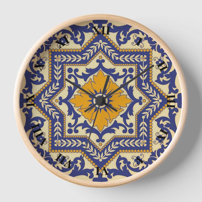 Ceramic Azulejo Style Blue Orange Clock (Front)