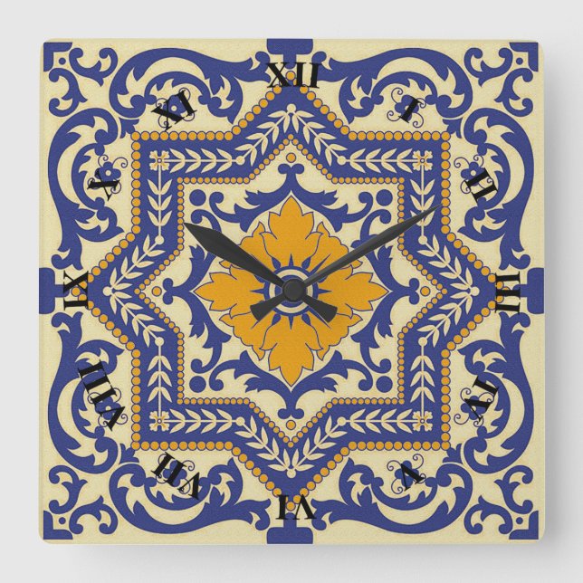 Ceramic Azulejo Style Blue Orange Clock (Front)