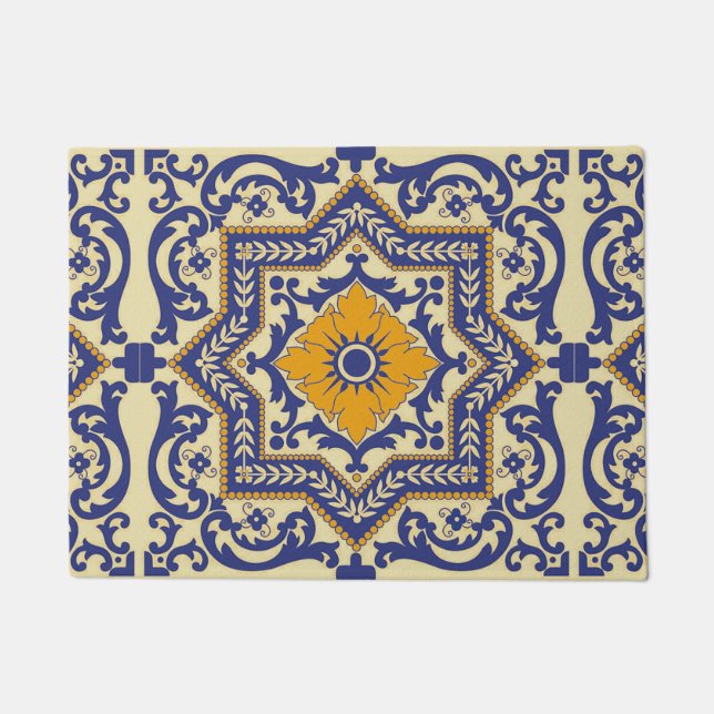 Ceramic Azulejo Style Blue Orange Door Mat (Front)