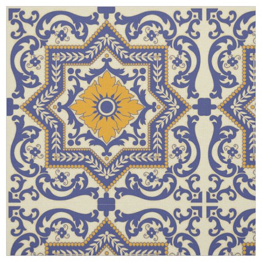 Ceramic Azulejo Style Blue Orange Fabric