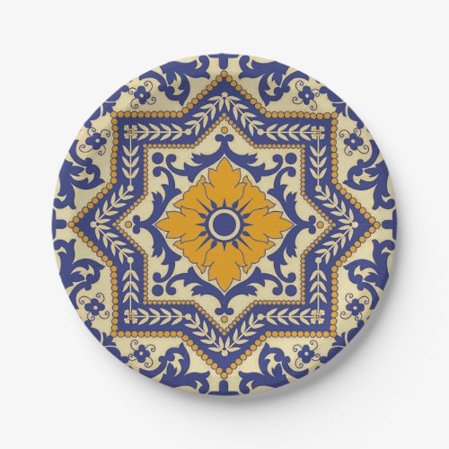 Ceramic Azulejo Style Blue Orange Paper Plate