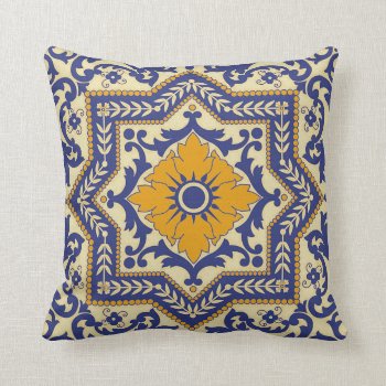 Ceramic Azulejo Style Blue Orange Pillow by HumusInPita at Zazzle