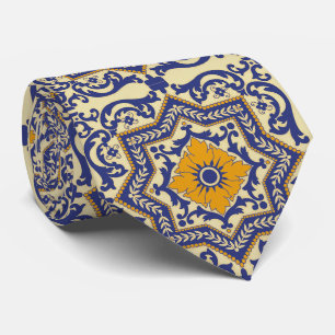 Ceramic Azulejo Style Blue Orange Tie