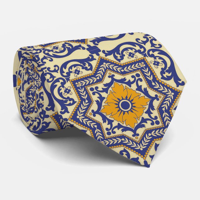 Ceramic Azulejo Style Blue Orange Tie (Rolled)