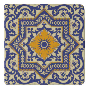 Ceramic Azulejo Style Blue Orange Trivet