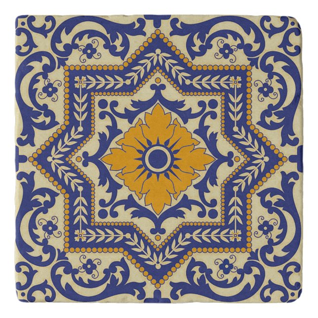 Ceramic Azulejo Style Blue Orange Trivet (Front)
