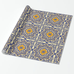 Ceramic Azulejo Style Blue Orange Wrapping Paper