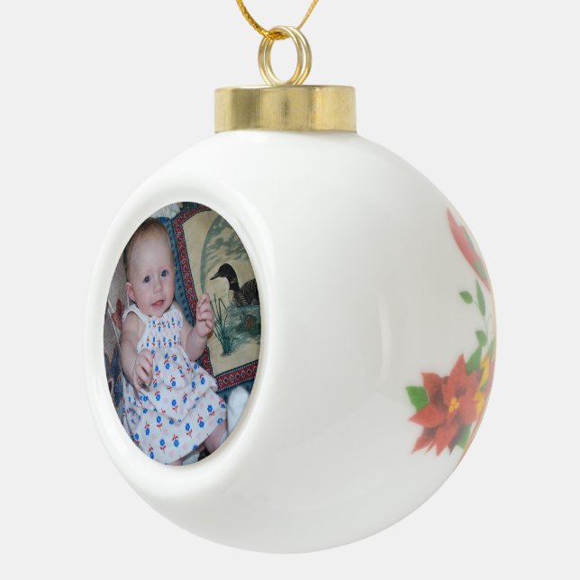 Ceramic Ball Poinsettia and Bells with Cute Photo Christmas Ornament (Right)