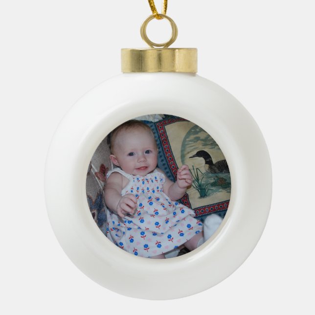 Ceramic Ball Poinsettia Design with Cute Photo Christmas Ornament (Front)