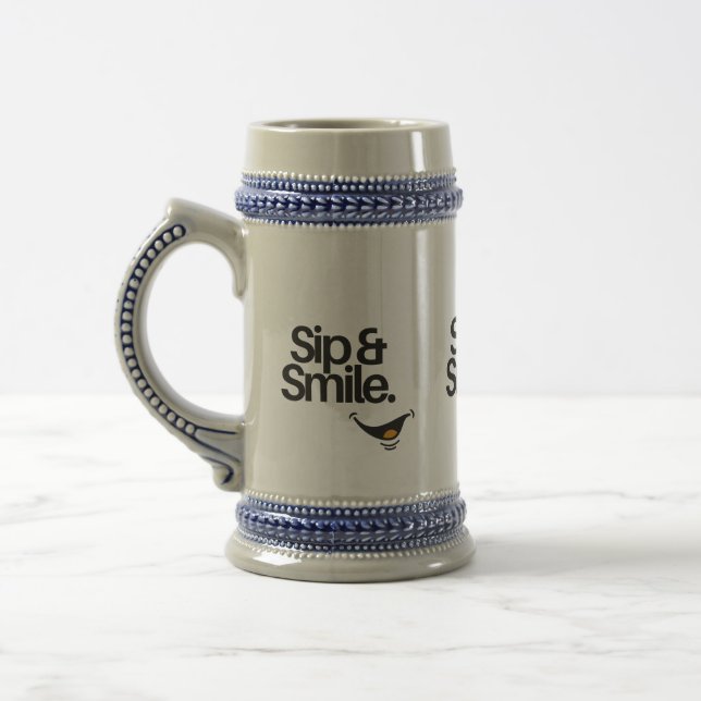 Ceramic Beer Stein – Sip & Smile Motivational Mug (Left)