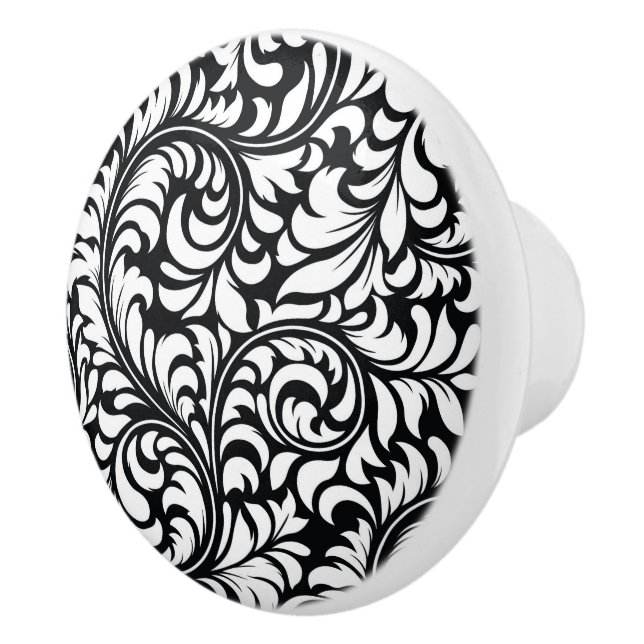 Ceramic Black & White Floral Damask Knob (Right)