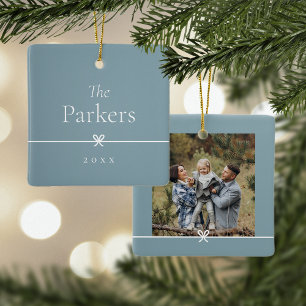 Ceramic Blue Simple Minimal Bow Photo Ceramic Ornament