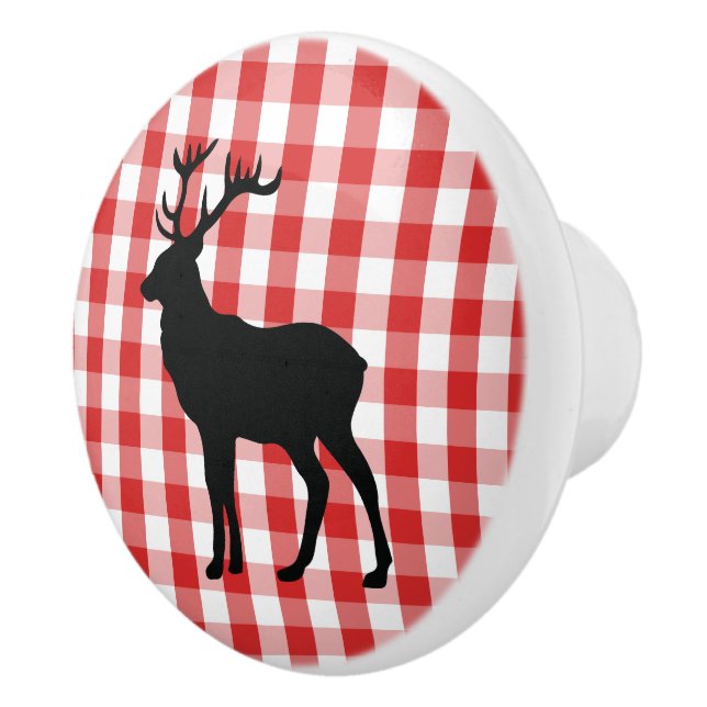 Ceramic Cabinet Knob-Red Plaid & Elk Knob (Right)