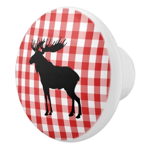 Ceramic Cabinet Knob_Red Plaid  Moose Ceramic Knob