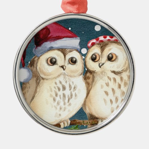 CERAMIC CHRISTMAS ORNAMENT OWLS AT CHRISTMAS TIME METAL ORNAMENT