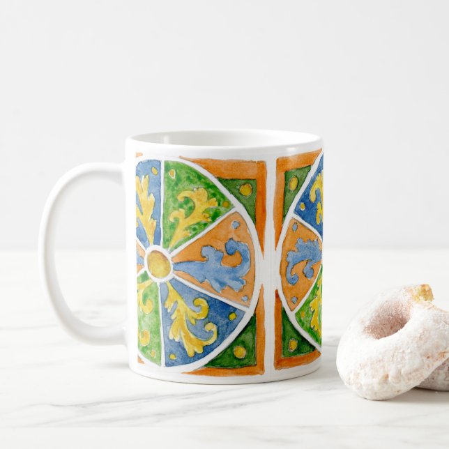 Ceramic coffee mug with Sicilian tile design (With Donut)