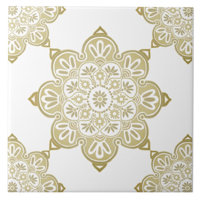 Ceramic Decorative tile, Taupe Medallions on white Tile (Front)