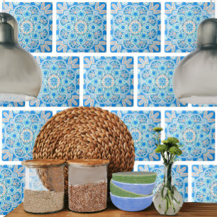 Ceramic decorative tile with light blue geometric