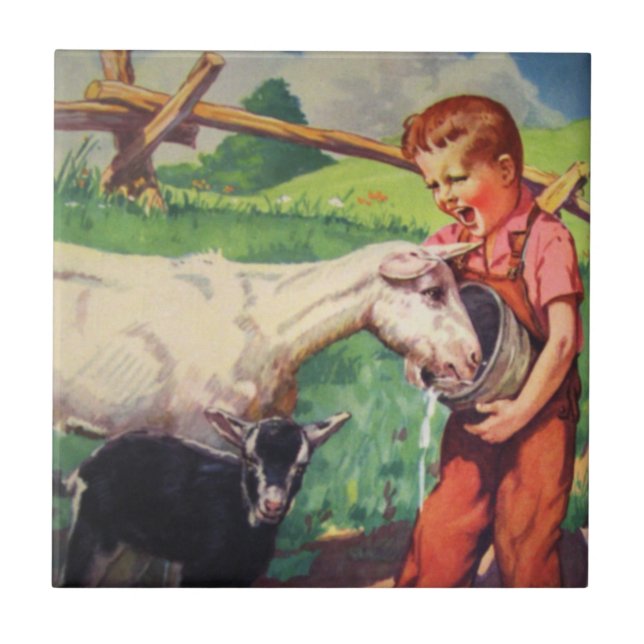 Ceramic Kitchen Tile-Country Farm Boy and Goat Tile (Front)
