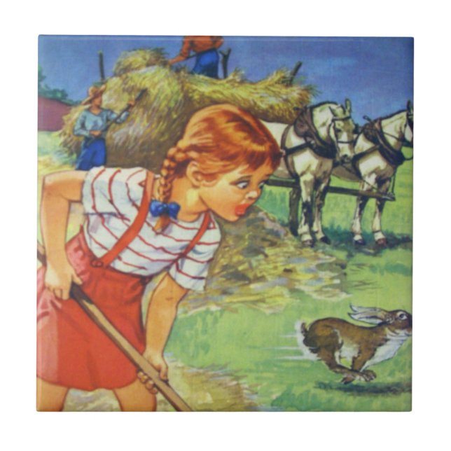 Ceramic Kitchen Tile-Country Farm Girl and Hay Tile (Front)
