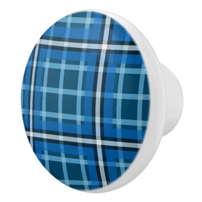 Ceramic Knob Blue Tartan Plaid Check Pattern (Right)