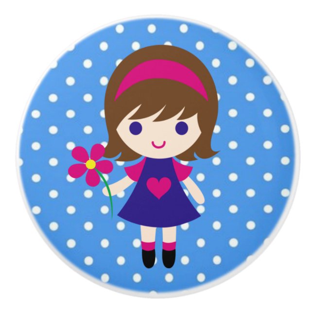 Ceramic Knob/Cute Girl with Flower and Polka Dots Ceramic Knob (Front)