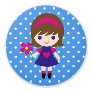Ceramic Knob/Cute Girl with Flower and Polka Dots Knob