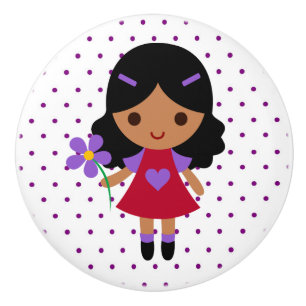 Ceramic Knob/Flower Girl with Purple Polka Dots Knob