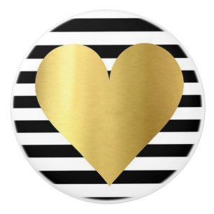 Ceramic Knob/Gold Heart-Black and White Stripes Knob