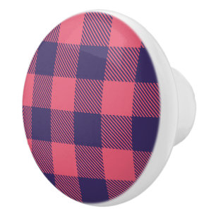 Ceramic Knob Hot Pink Magenta Indigo Buffalo Plaid
