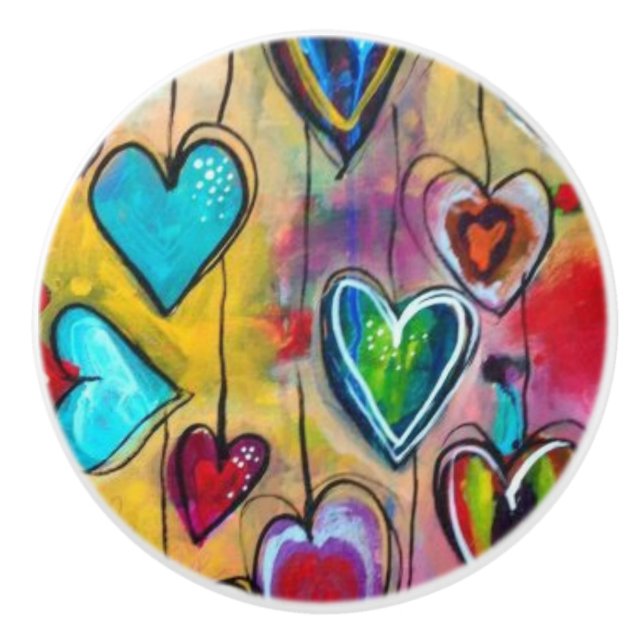 Ceramic Knobs - Multi Coloured Hearts Design 4 (Front)