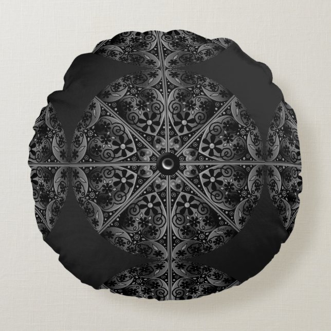 Ceramic Lace Black Round Pillow (Front)