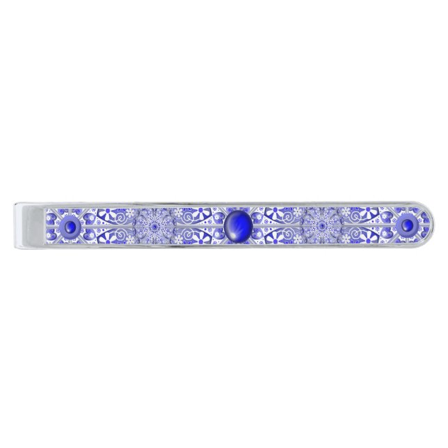 Ceramic Lace Blue of Greece Silver Finish Tie Bar (Front)