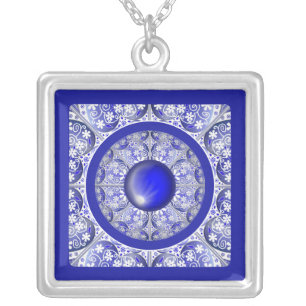 Ceramic Lace Blue of Greece Silver Plated Necklace
