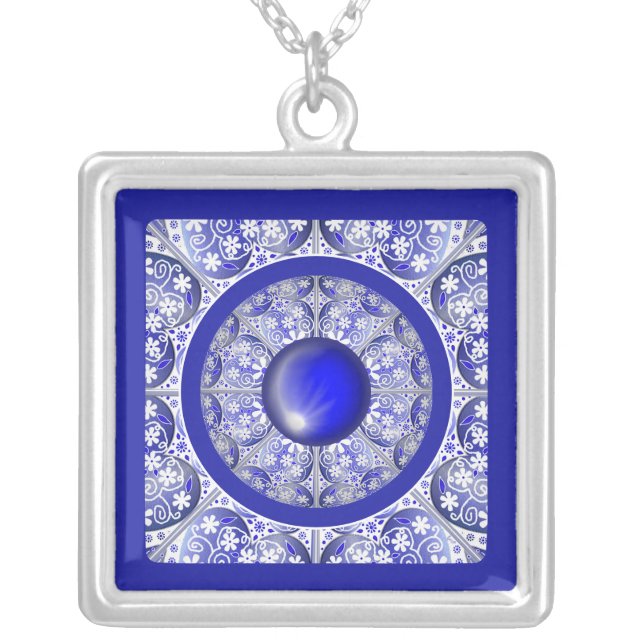 Ceramic Lace Blue of Greece Silver Plated Necklace (Front)