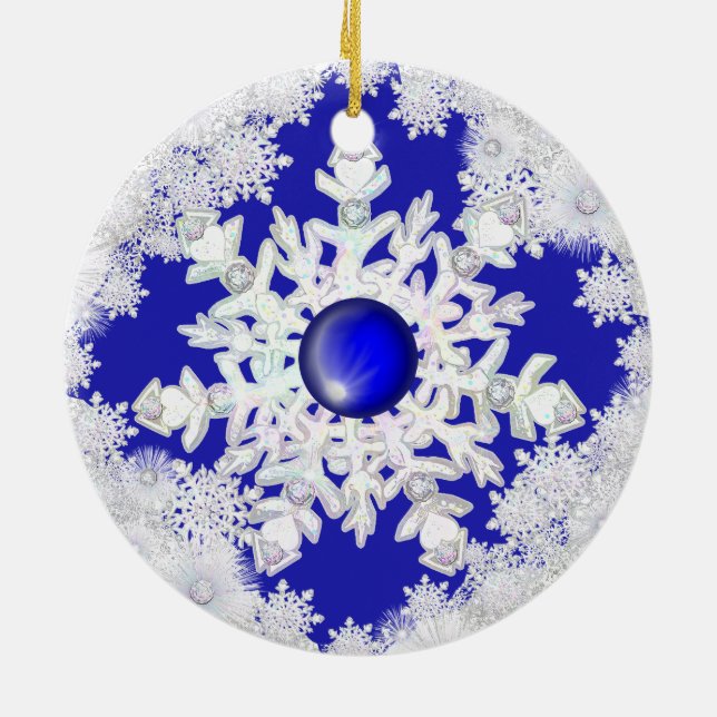Ceramic Lace Blue of Greece & snowflake Ceramic Ornament (Back)