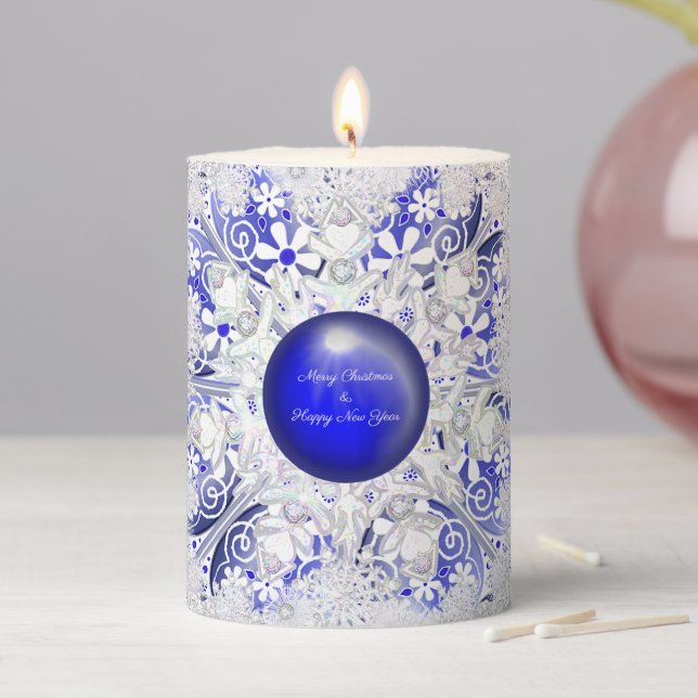 Ceramic Lace Blue of Greece & snowflake Pillar Candle (In Situ)