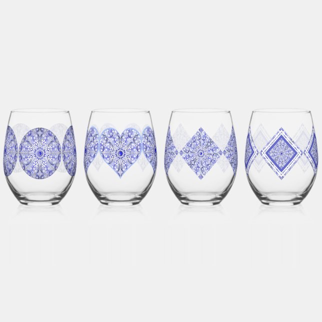 Ceramic lace Blue of Greece Stemless Wine Glass (Left)