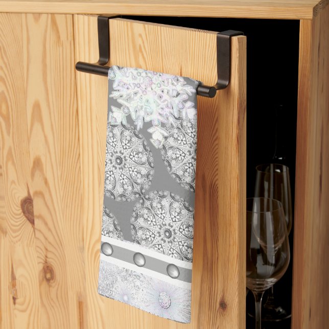 Ceramic lace grey & snowflake kitchen towel (Thirds Fold)