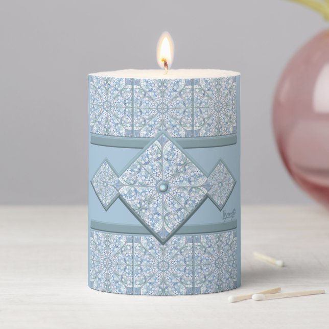 Ceramic lace light blue pillar candle (In Situ)