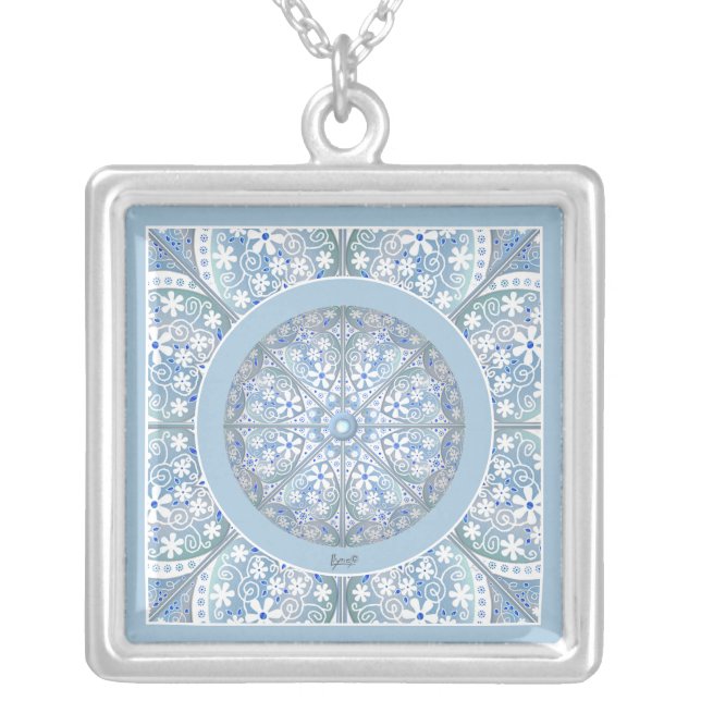 Ceramic lace Light blue Silver Plated Necklace (Front)