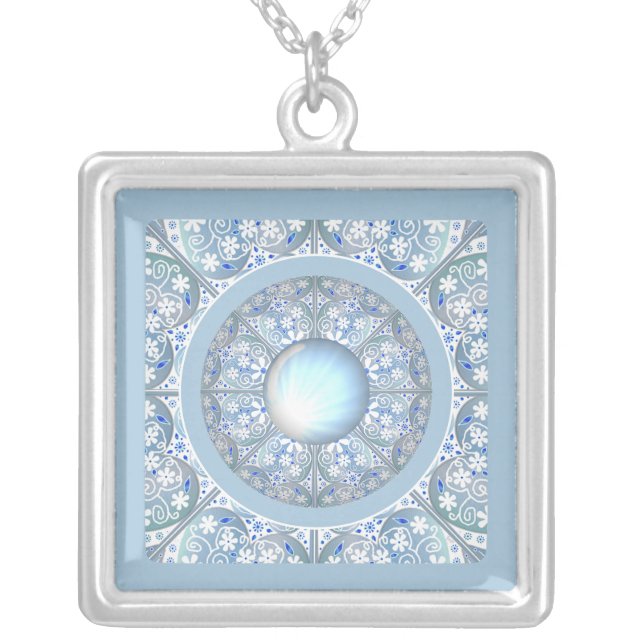 Ceramic lace Light blue Silver Plated Necklace (Front)