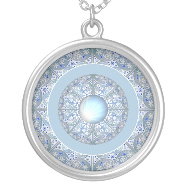 Ceramic lace Light blue Silver Plated Necklace (Front)