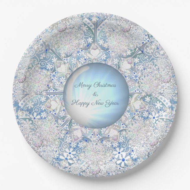 Ceramic lace light blue & snowflake paper plates (Front)