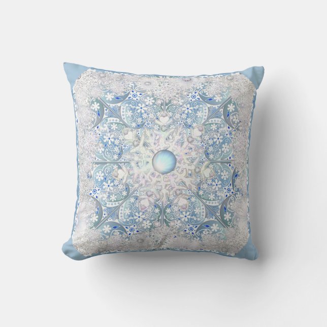 Ceramic lace light blue & snowflake throw pillow (Front)