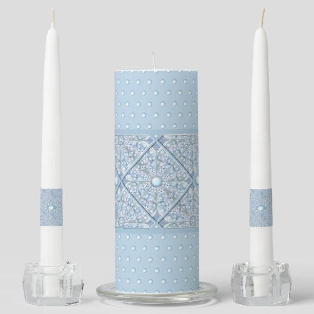 Ceramic lace light blue unity candle set (Front)